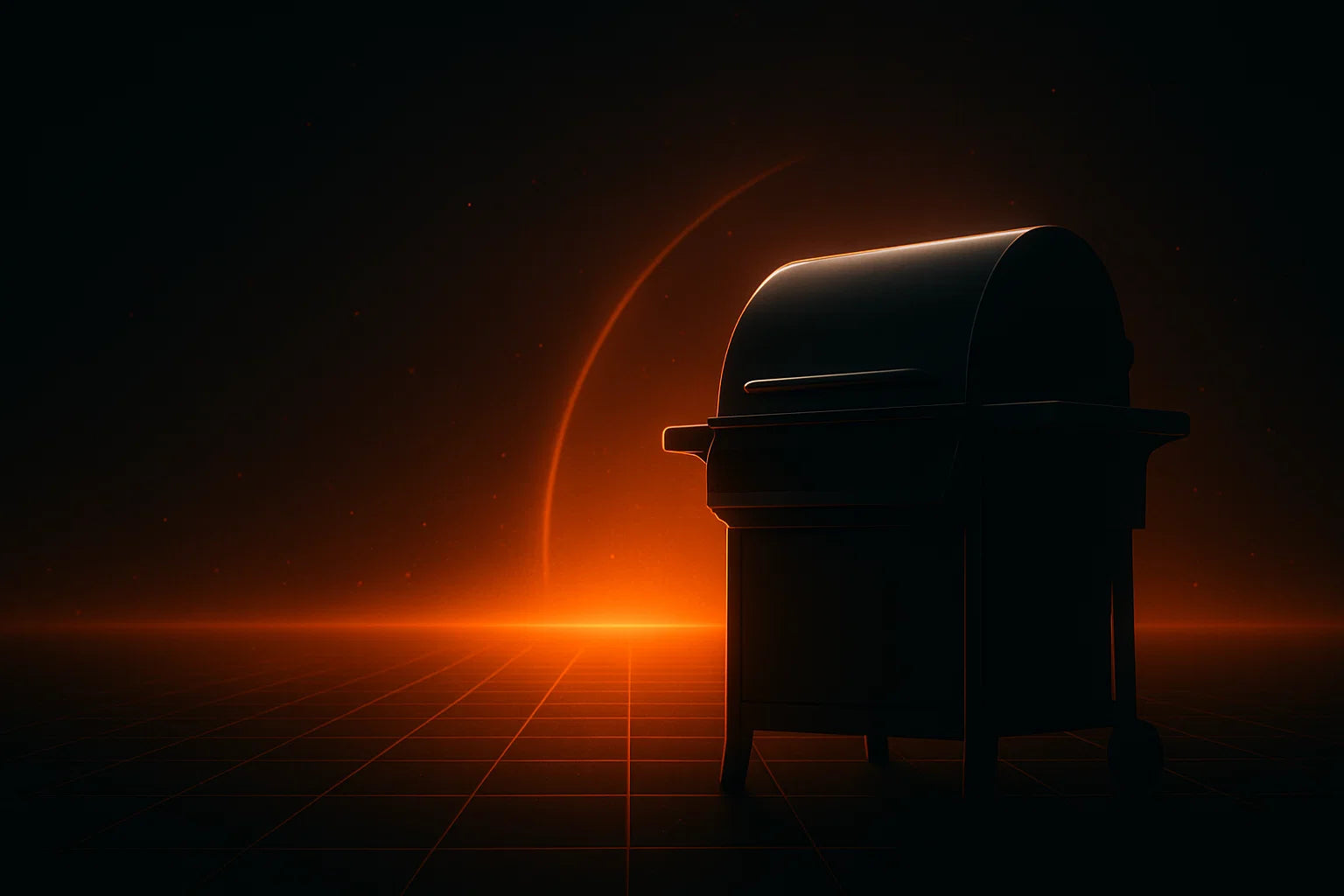 Silhouette of a barbecue grill against a dark background with a glowing orange light.