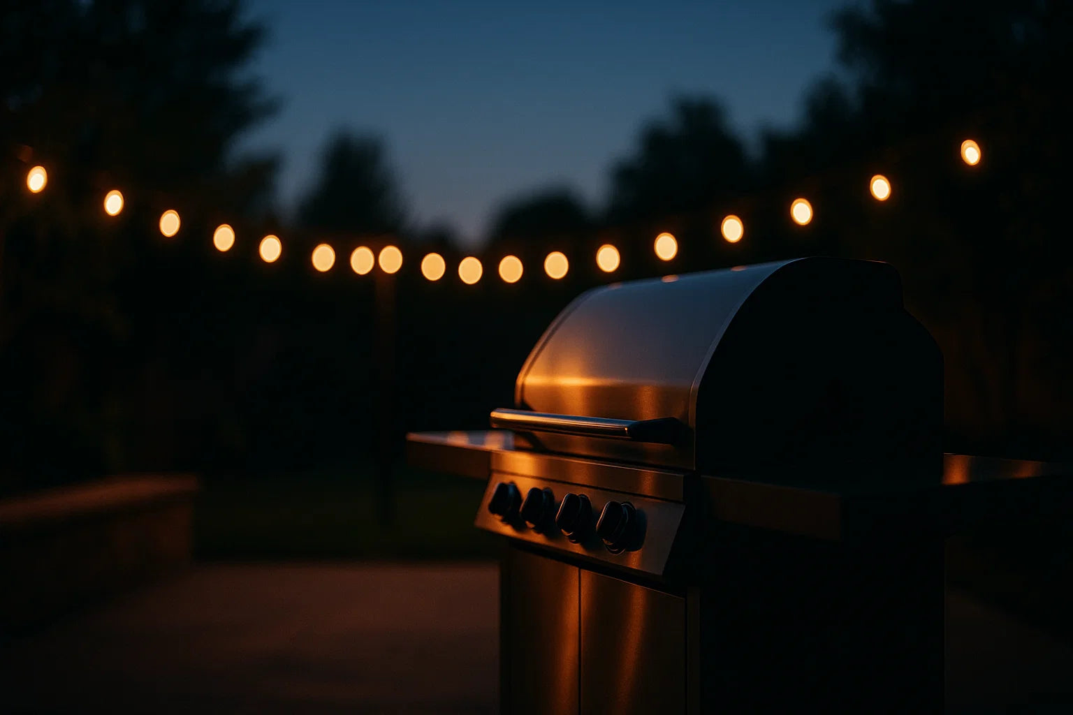 Grill with string lights in the background at dusk